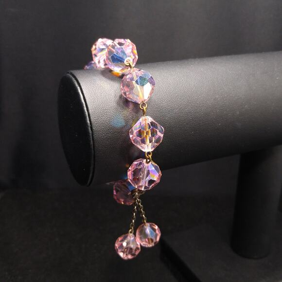 Vintage 1960s  Pink Large Beaded Crystal Dangle Bracelet - Picture 4 of 10